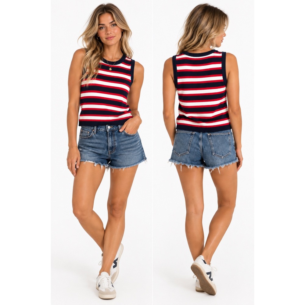 GAP Striped Knit Tank Top Medium Red White Blue Rolled Neck Sleeveless Sweater